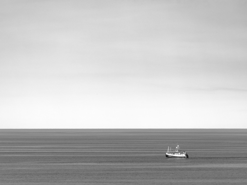 boat, sea, bw, horizon, minimalism