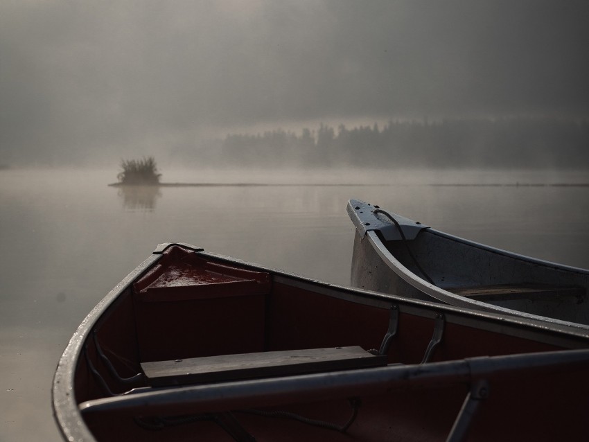 boats, fog, river, evening