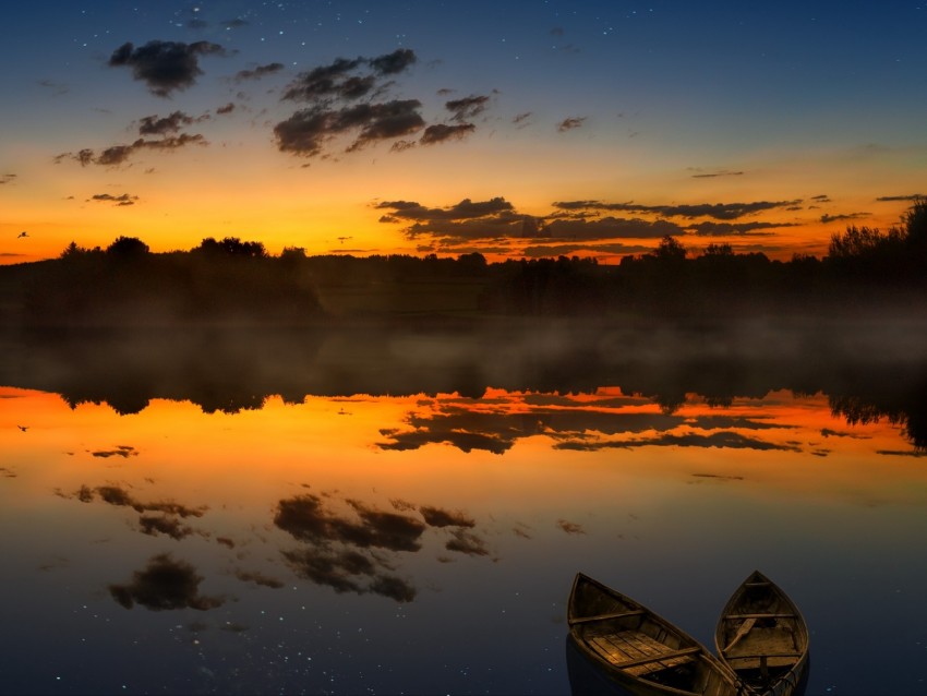 boats, sunset, lake, horizon, clouds