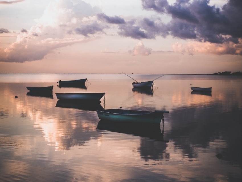 boats, water, sunset, dusk, shore