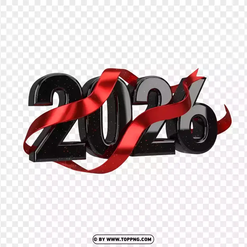 Bold Black 3d 2026 With Red Metallic Ribbon Design PNG Transparent Background
