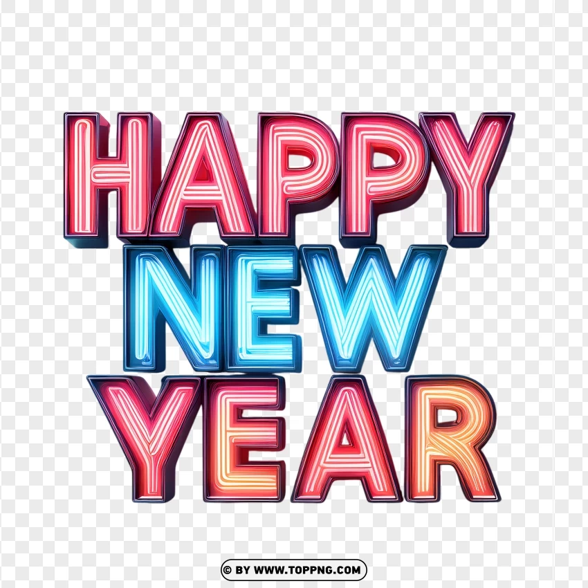 Bold Happy New Year Text Neon Design PNG Transparent Background