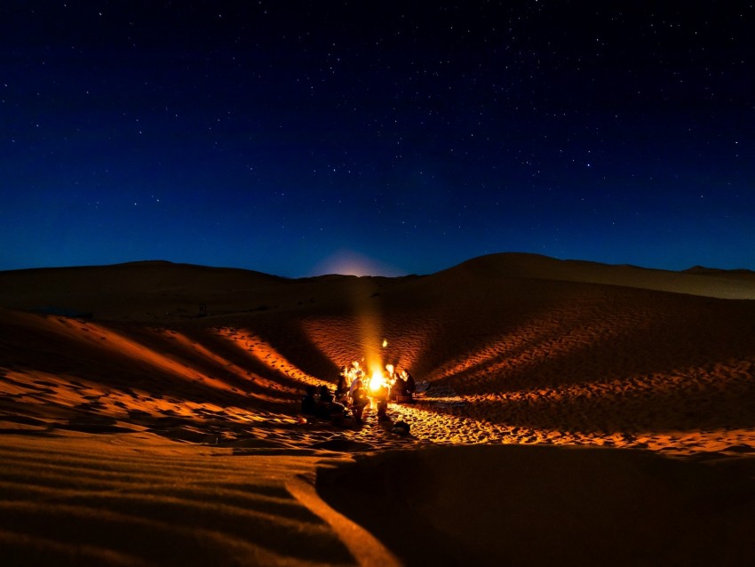 bonfire, camping, desert, people, night, starry sky, morocco