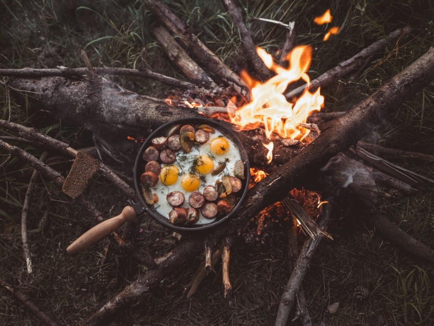 bonfire, camping, fried eggs, fire