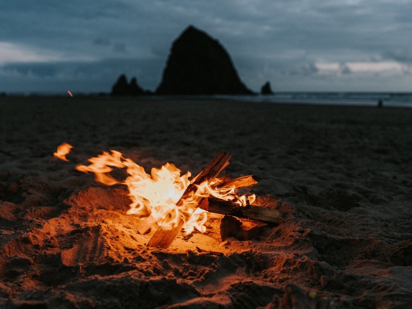 bonfire, fire, beach, sand, dusk