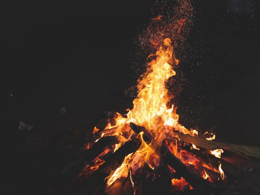 bonfire, fire, sparks, night, dark