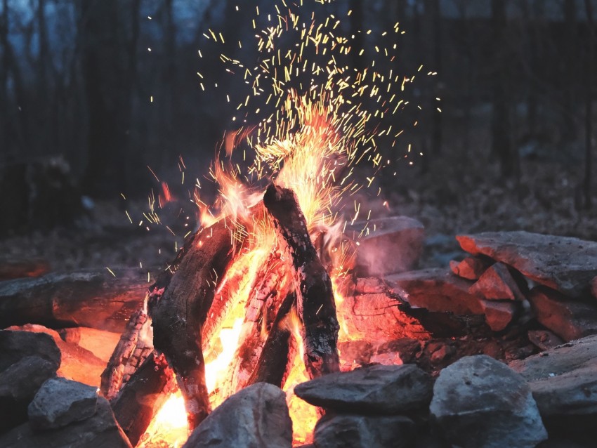 bonfire, fire, sparks, stones, firewood, burn