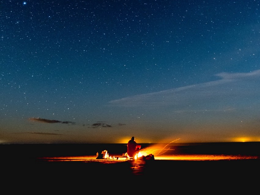 bonfire, silhouette, camping, starry sky, night
