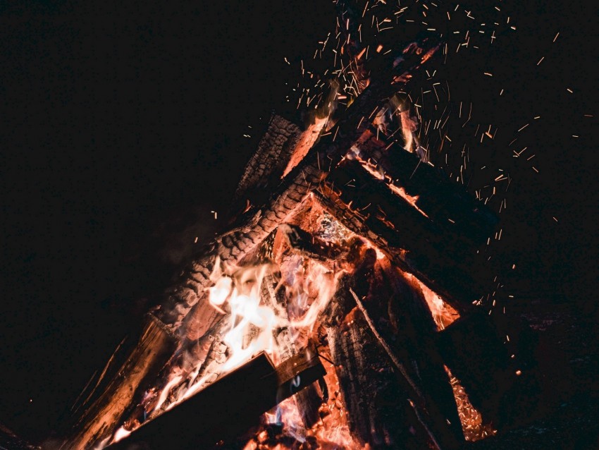 bonfire, sparks, fire, firewood, dark, darkness