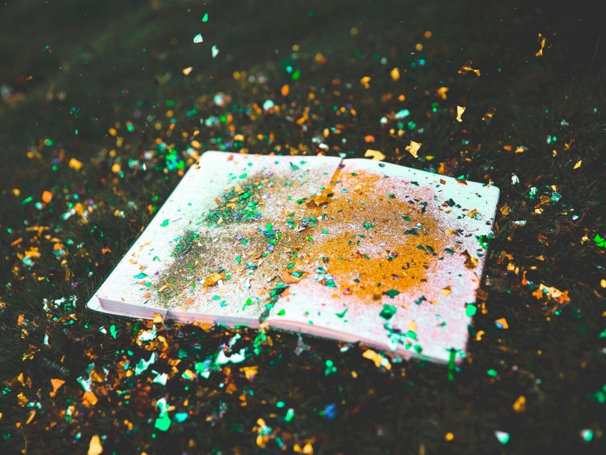 book, confetti, glitter, colorful, grass