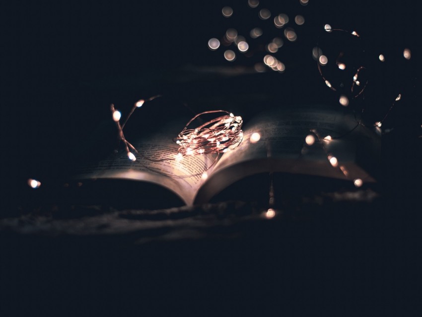 book, garland, light, darkness, reading