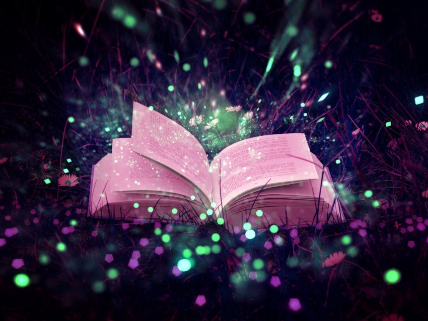 book, glare, sparkles, grass, magic