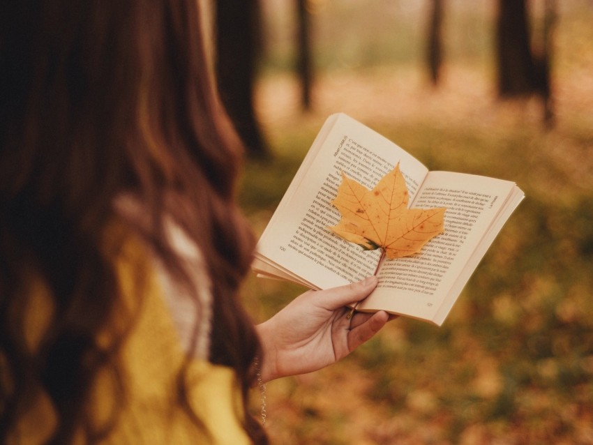 book, leaf, hand, autumn, blur