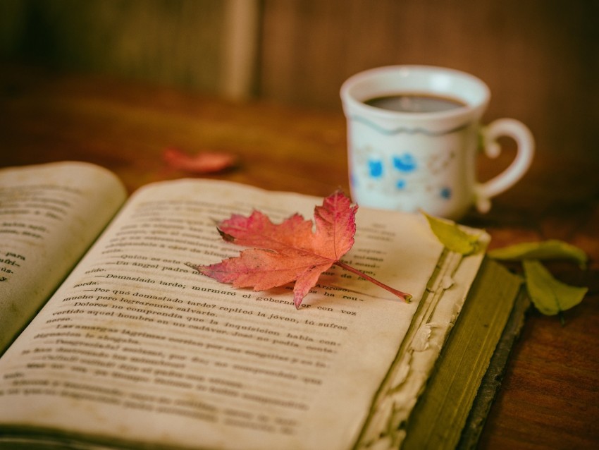 book, leaves, cup, autumn, comfort, reading, coffee
