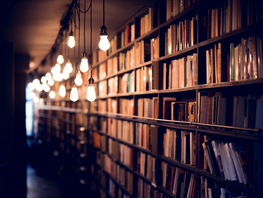 books, library, shelves, lighting