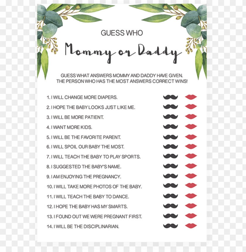 botanical baby shower mommy or daddy game printable - emoji baby shower game PNG image with transparent background@toppng.com