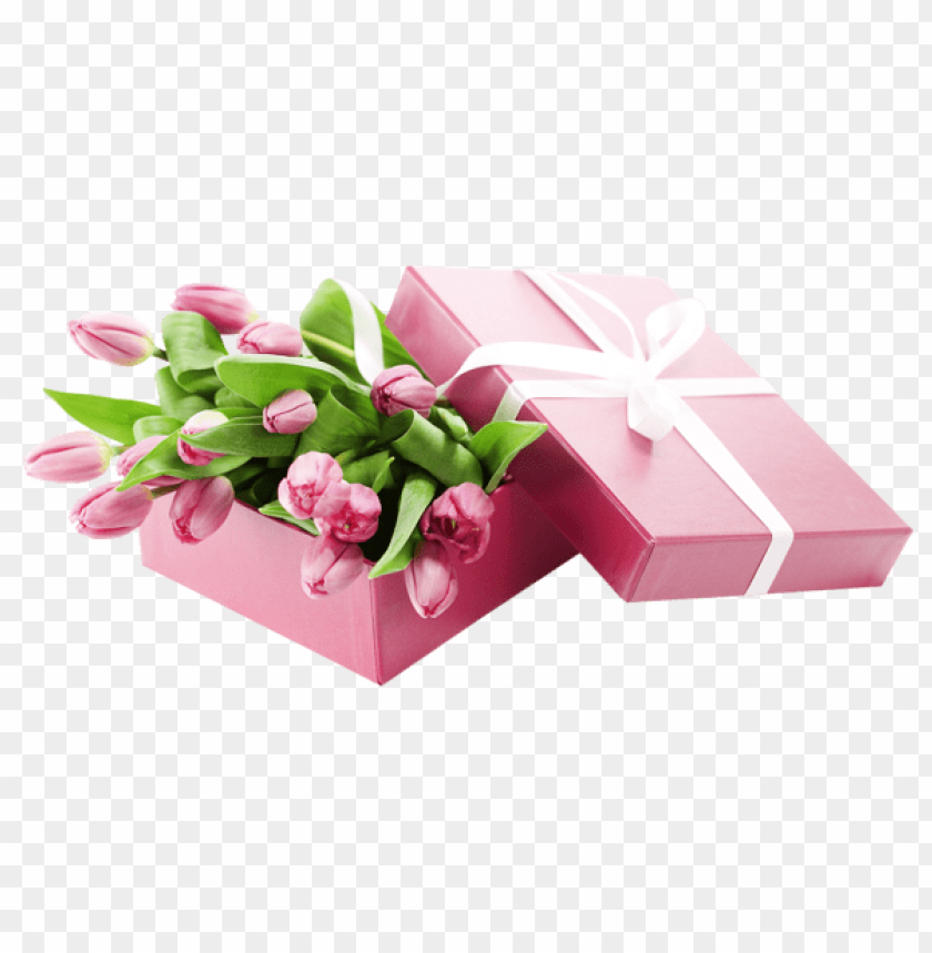 box with pink tulips