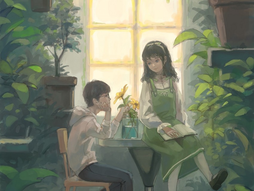 boy, girl, art, greenhouse, flowers, window
