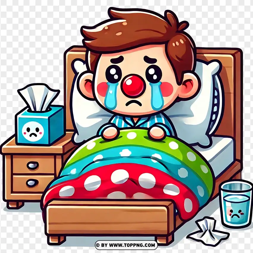 Cartoon Boy In Bed With The Flu PNG Transparent Background