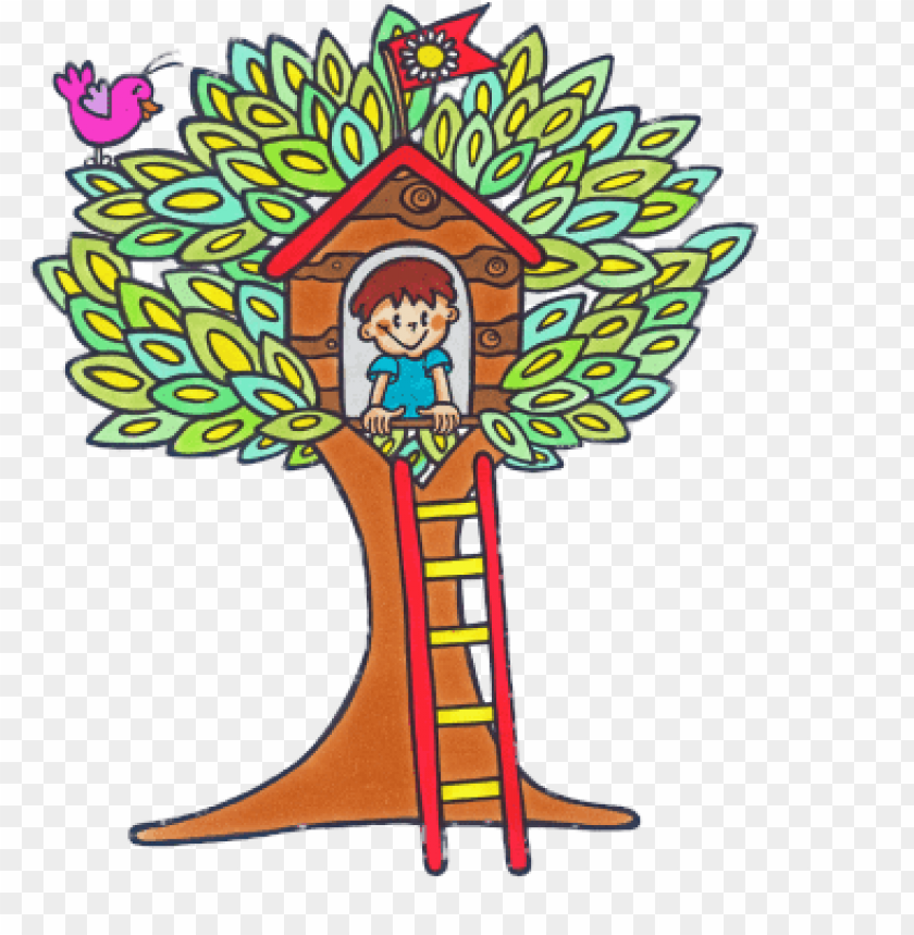 miscellaneous, treehouses, boy in colourful treehouse, 