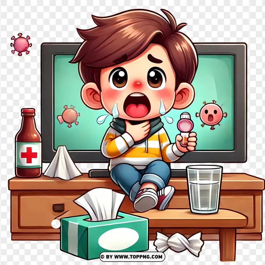 Cartoon Boy With A Cold Watching Tv PNG Transparent Background