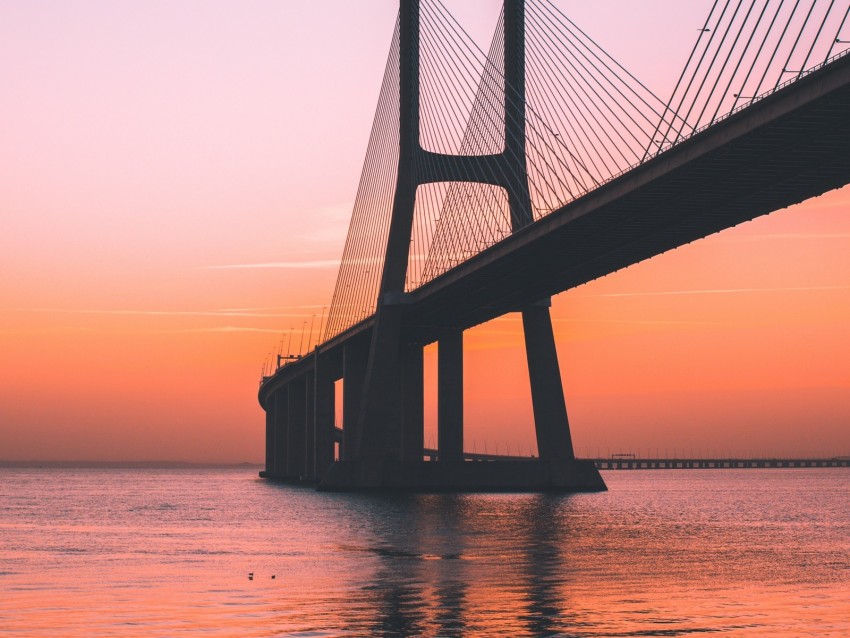 bridge, dawn, sea, lisbon, portugal
