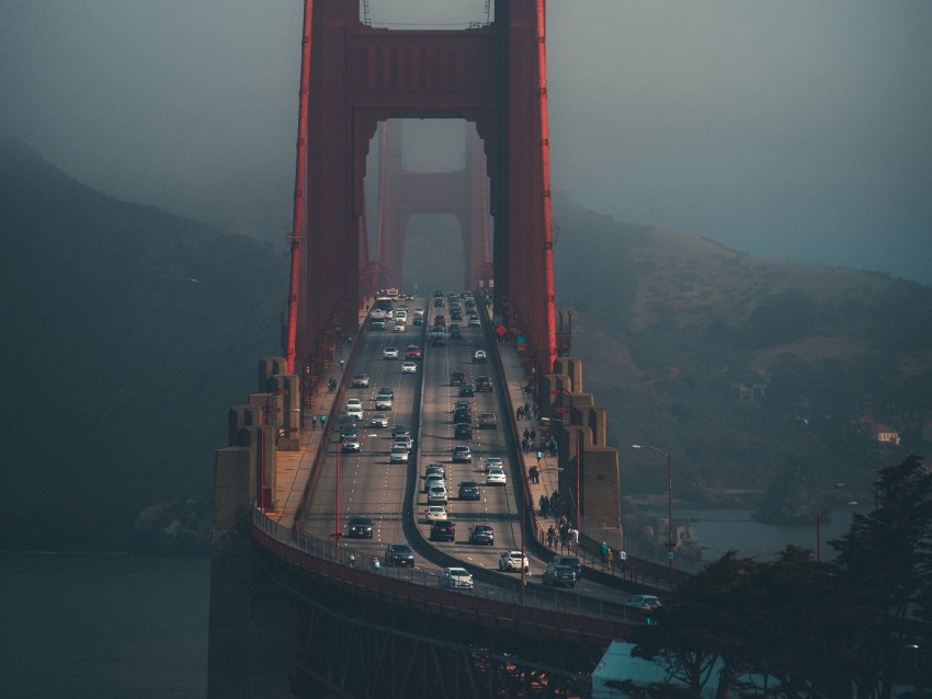 bridge, fog, city, movement