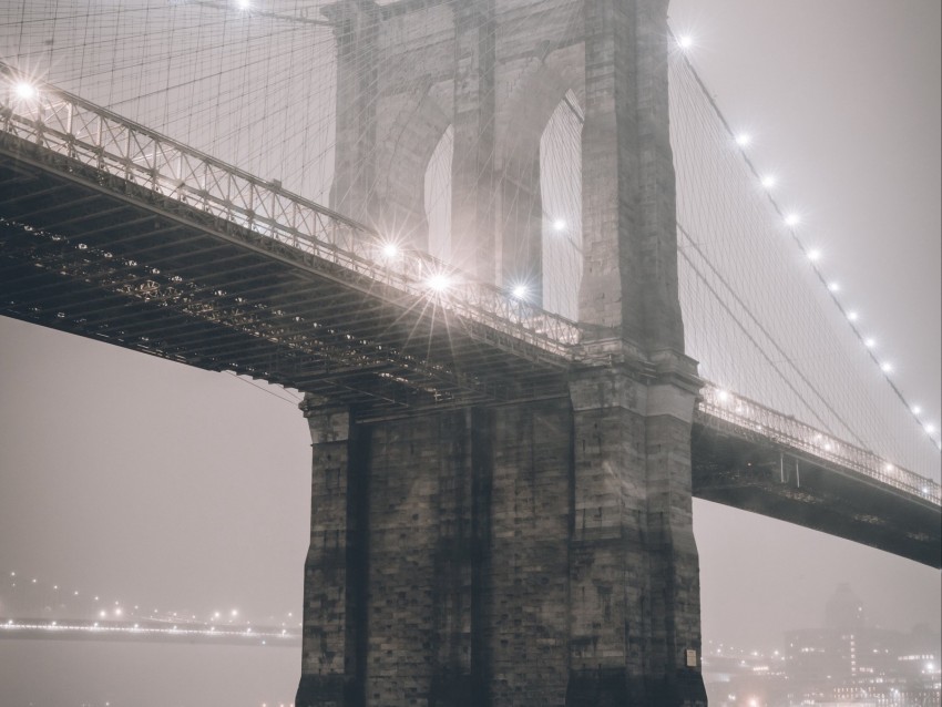 bridge, fog, lights, backlight, city, mist