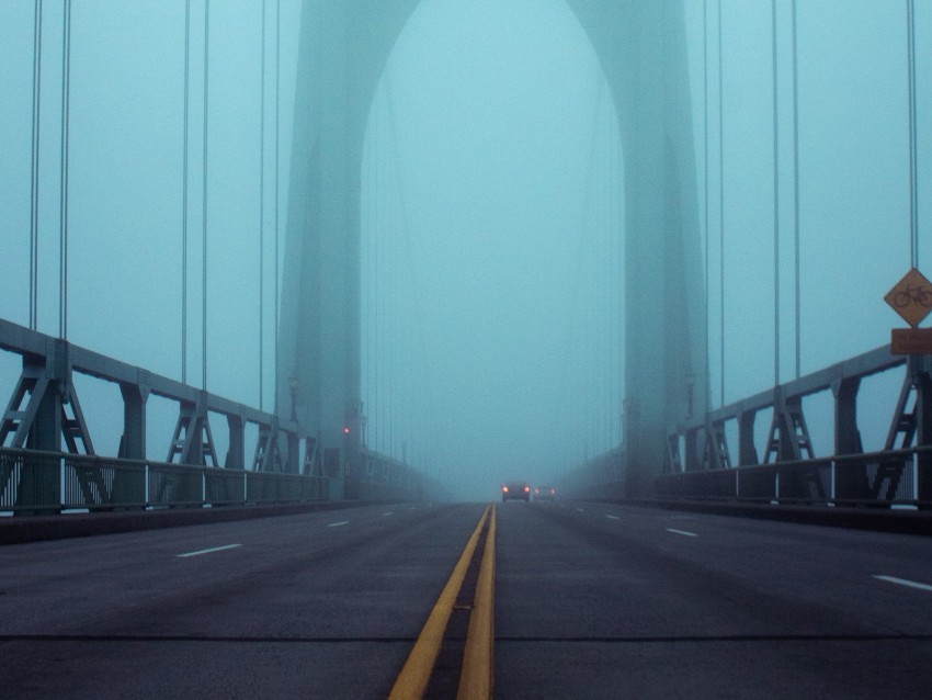 bridge, fog, lights, traffic, city