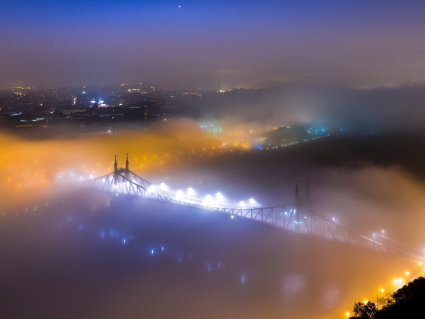 bridge, fog, night city, aerial view, budapest, hungary