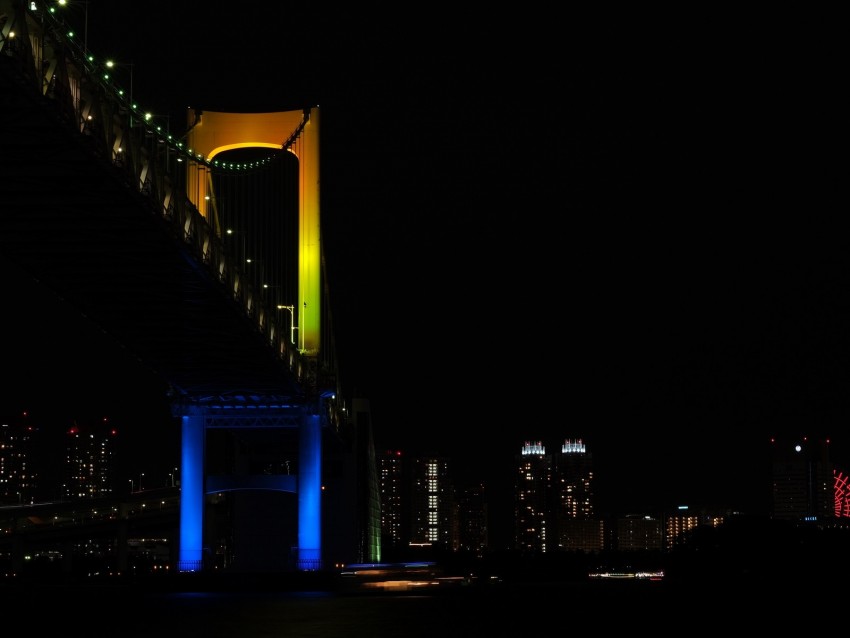 bridge, night city, backlight, tokyo, japan