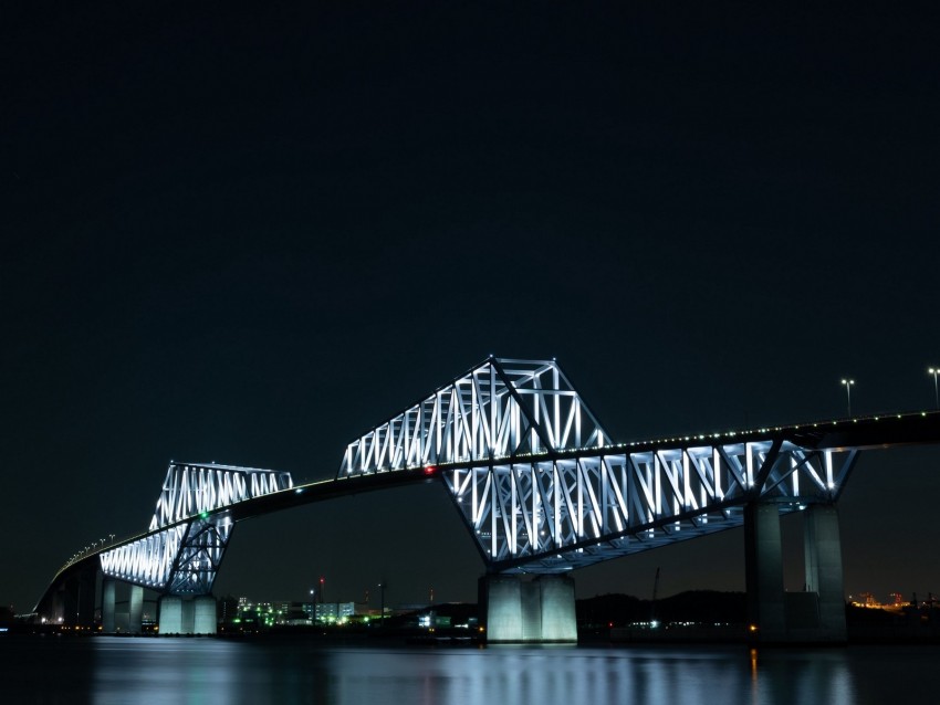 bridge, night city, bay, backlight, tokyo