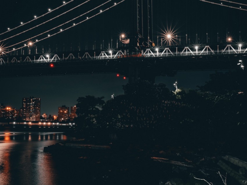 bridge, night city, city lights, architecture, illumination
