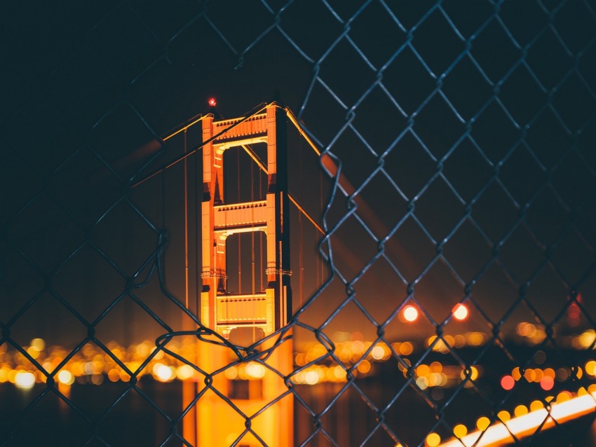 bridge, night, fence, mesh, blur, bokeh, glare