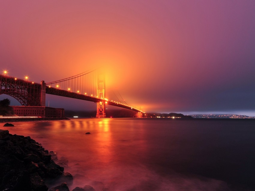 bridge, night, fog, backlight, bay, golden gate bridge, san francisco