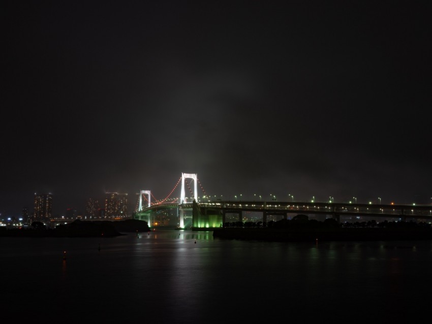bridge, river, backlight, night city, fog