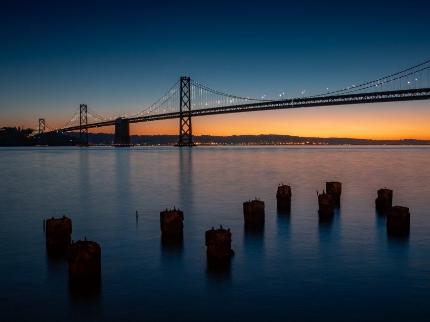 bridge, river, twilight, evening, water, pillars