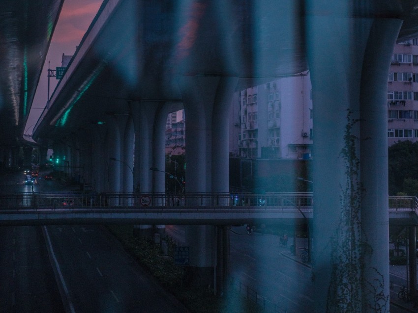 bridge, road, speed, city, dusk