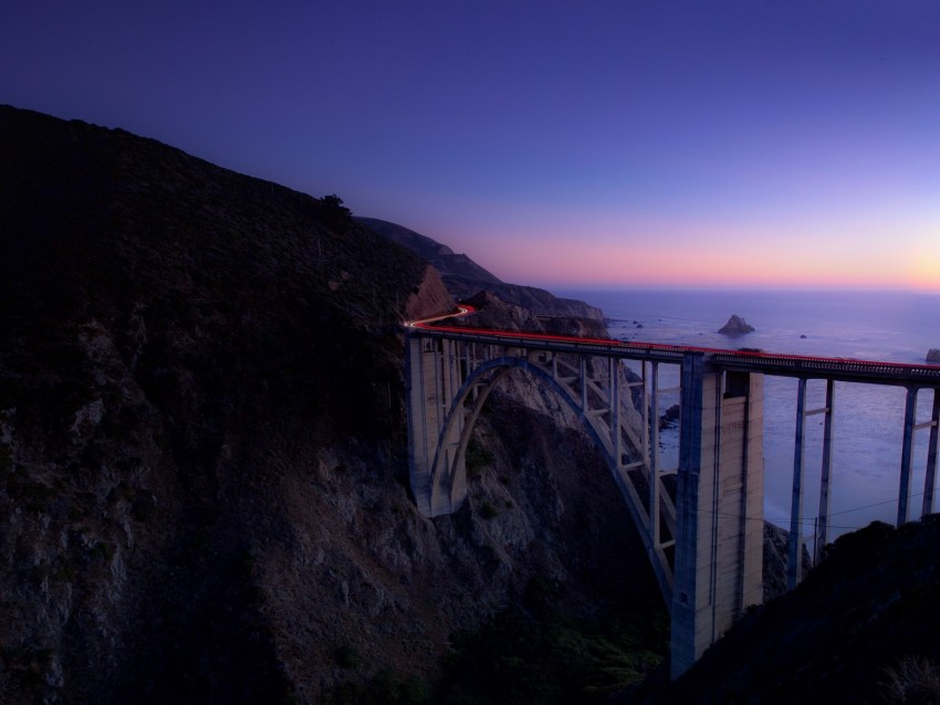 bridge, sea, cliff, lights, night, sky, long exposure