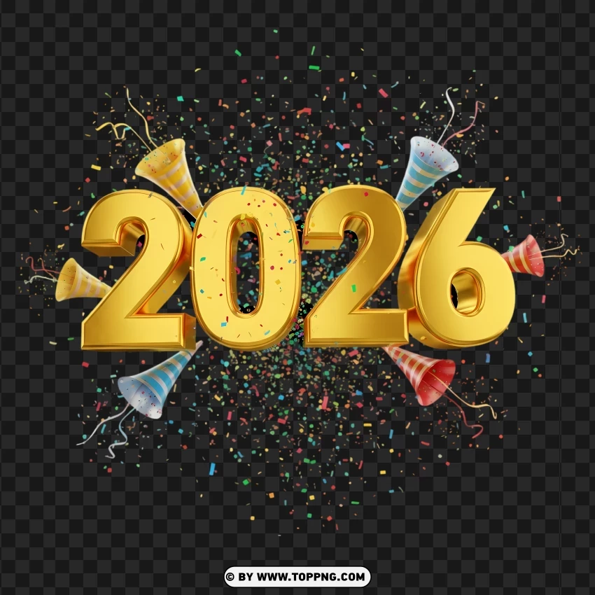 Bright Gold 2026 Typography With Confetti And Celebration Horn PNG Transparent Background