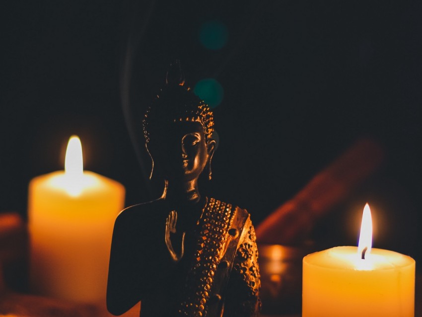 buddha, figurine, candles, buddhism, harmony