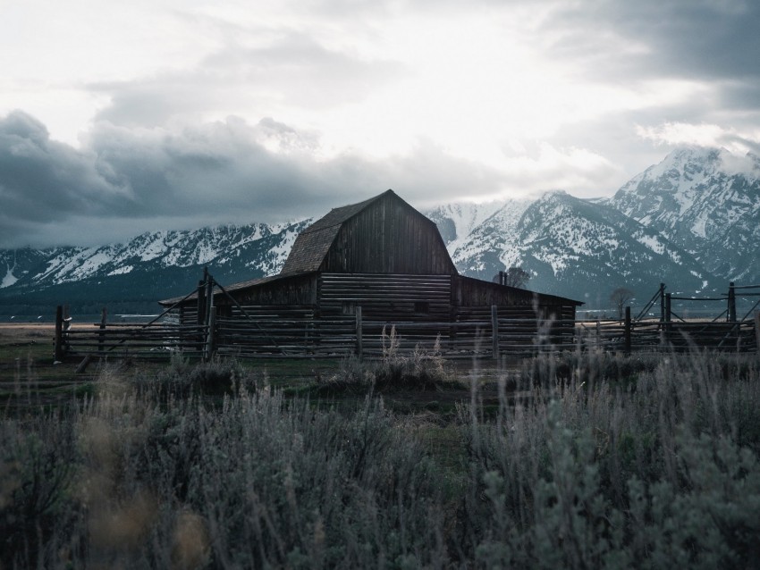 building, mountains, farm, wooden, old