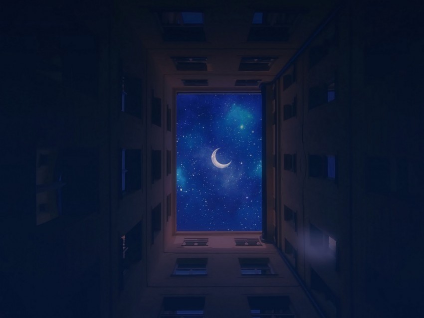 buildings, bottom view, moon, stars, sky, night