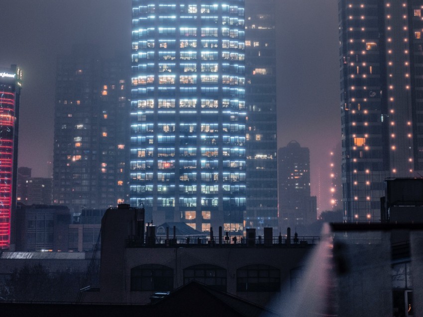 buildings, smog, fog, skyscrapers, night city