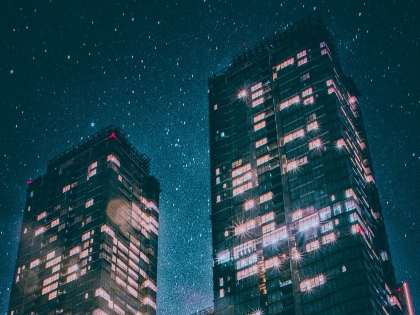 buildings, starry sky, night, shine