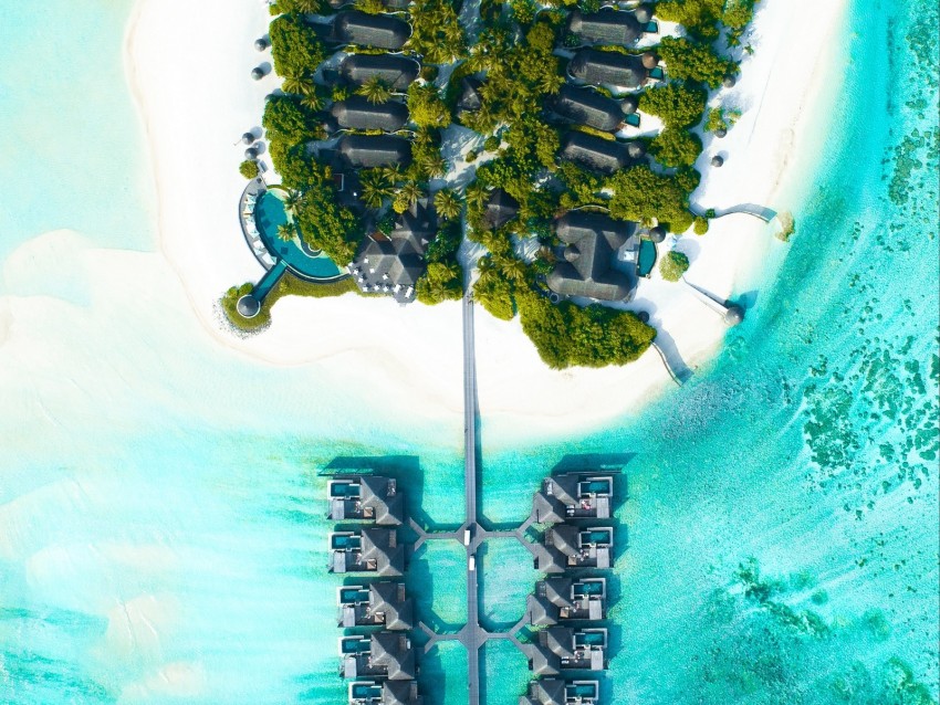 bungalow, aerial view, ocean, tropics, palm trees