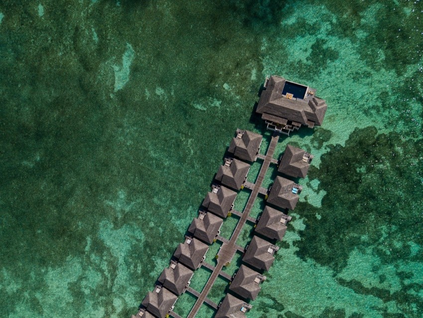 bungalow, ocean, aerial view, tropics, water