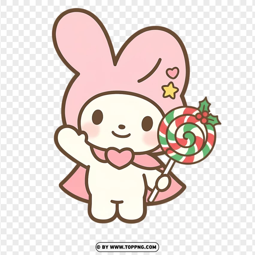Pastel bunny holding red and white Christmas lollipop in kawaii style
