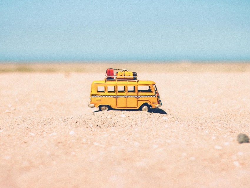bus, toy, sand, beach, yellow