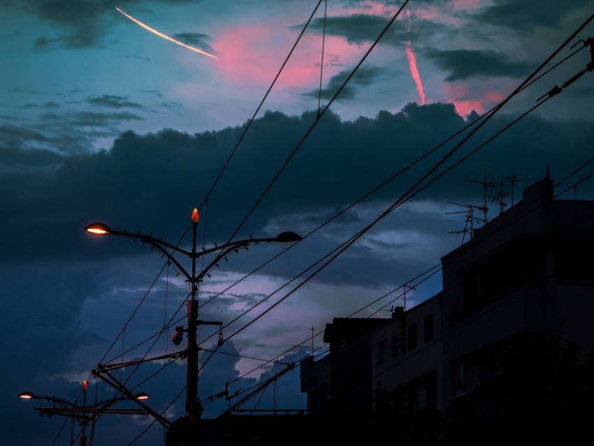 cable, poles, lights, city, twilight, dark